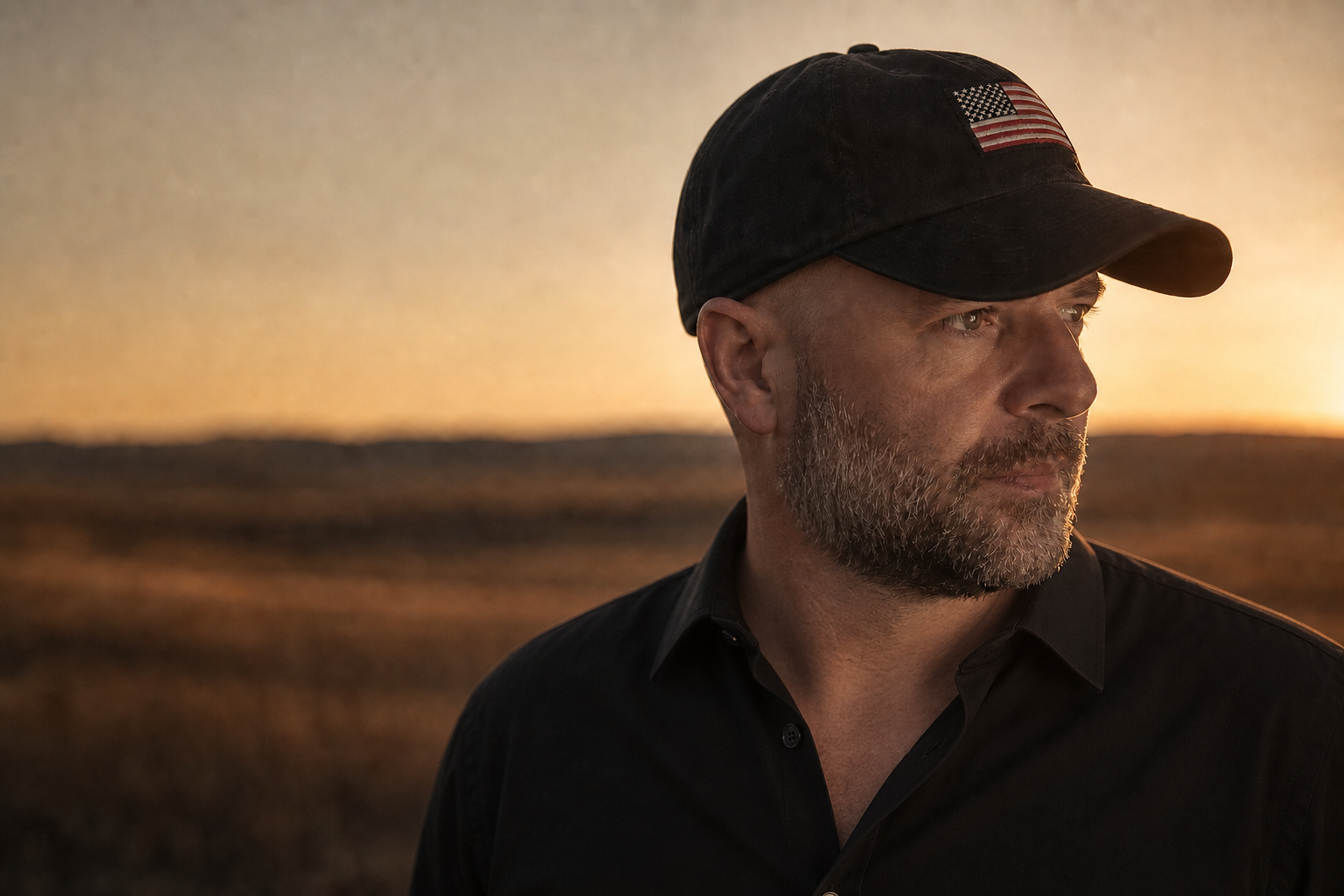 Brad Nietfeldt in profile wearing a black button-down shirt and a black cap with an American flag